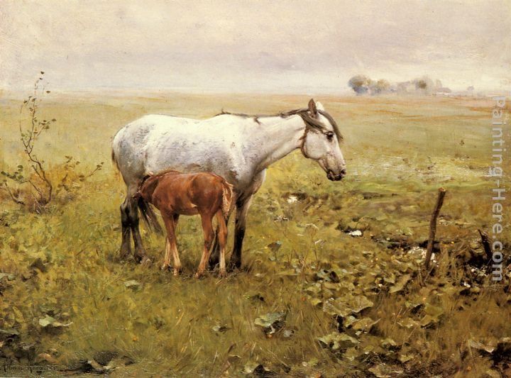 Alfred von Kowalski Wierusz A Mare and her Foal in a Landscape